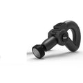 Black smart muscle massage gun with five attached massage heads on a table