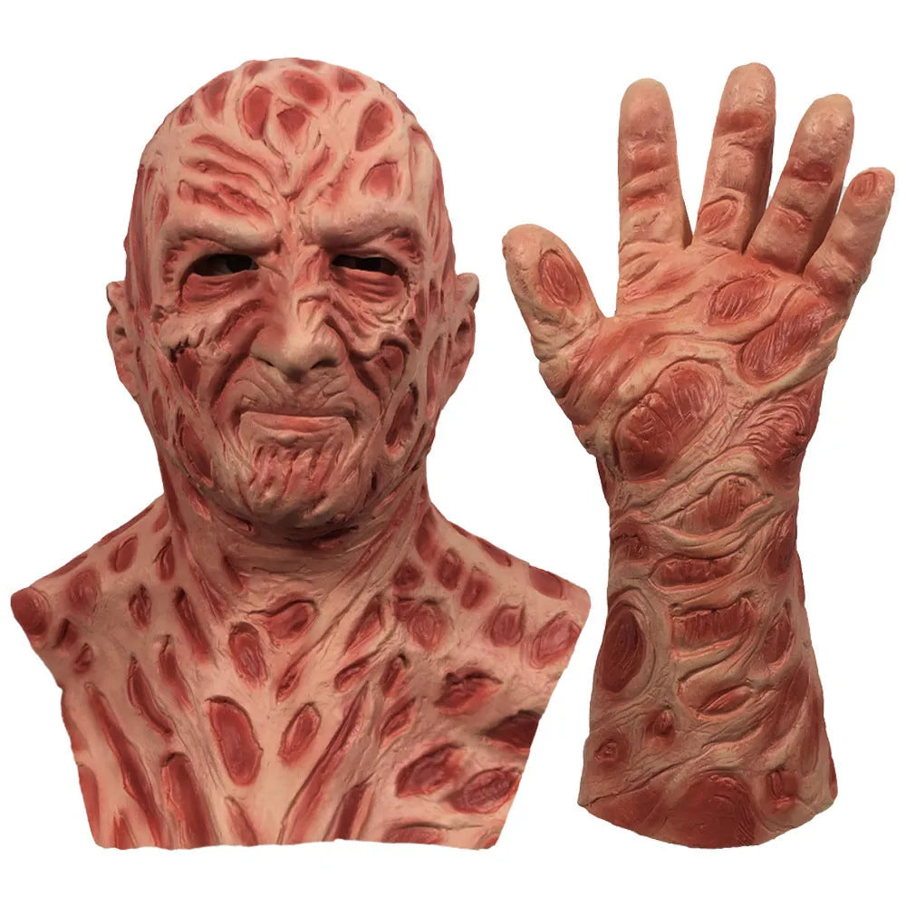 Latex horror grimace mask and gloves set in skin colour for Halloween