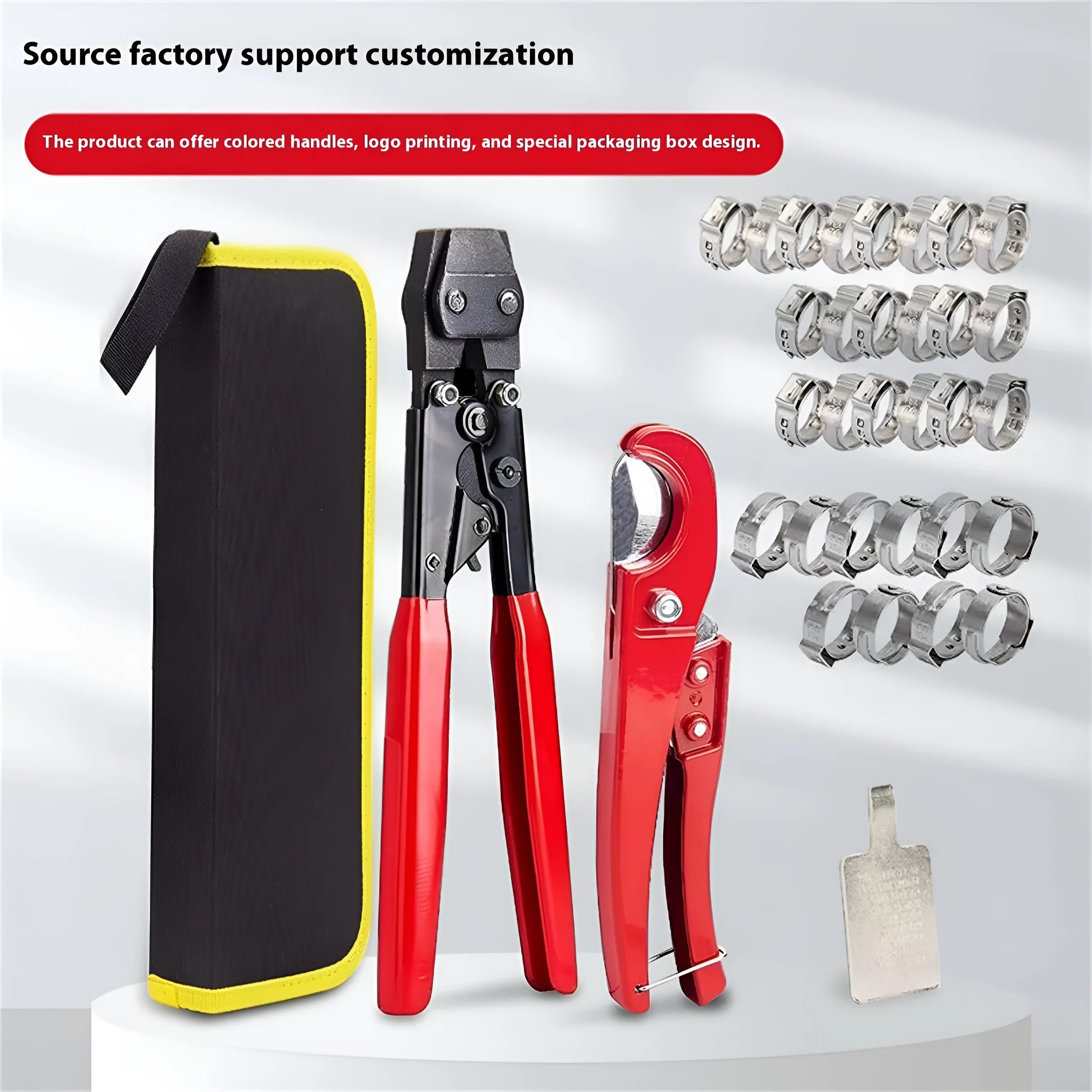 Red cloth finish PEX clamp set with metal construction and carbon steel cutting edge