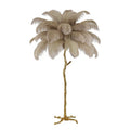 Nordic floor lamp with white feather shade and copper base, 170cm tall, placed in a living room corner