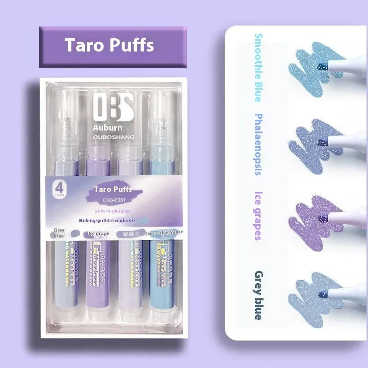 Four glitter fluorescent highlighter pens with slanted tips in pastel colours including taro puff and mung bean smoothie