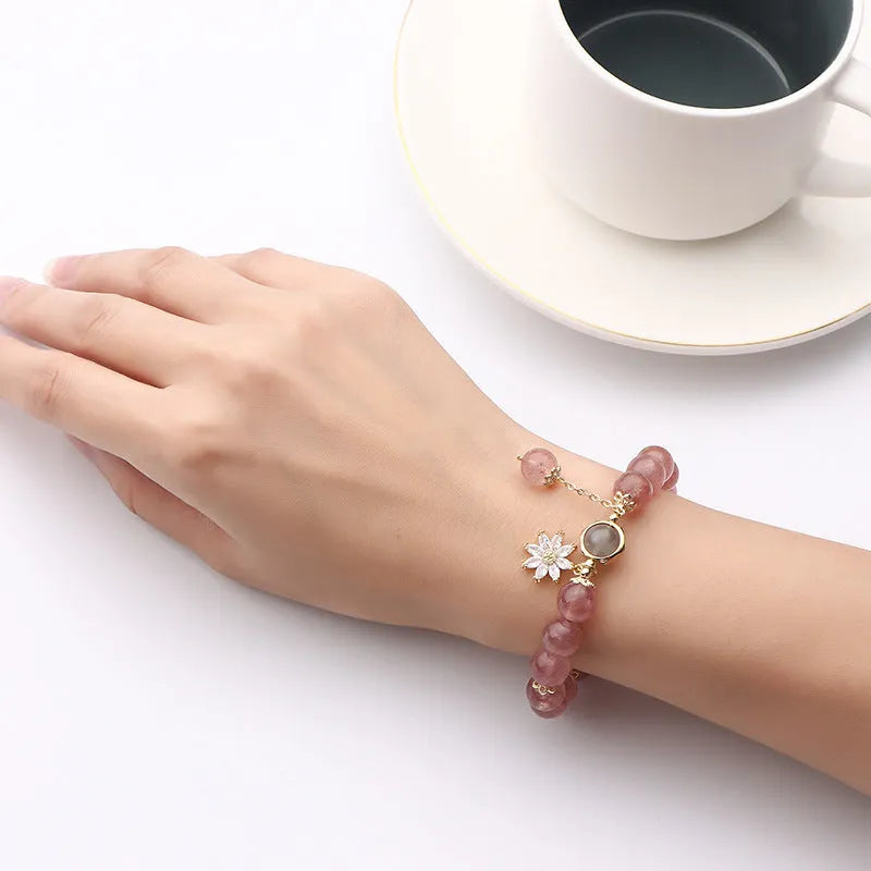 Strawberry quartz crystal bracelet with floral bead designs in Korean Mori style