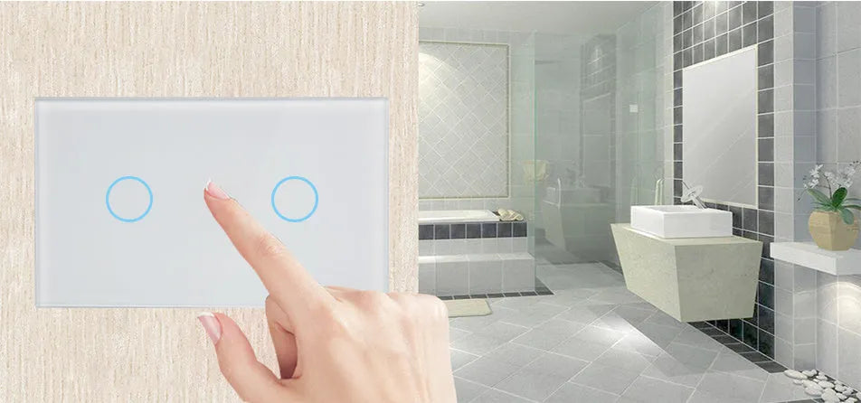 White 2-gang RF remote control touch wall switch with tempered glass panel