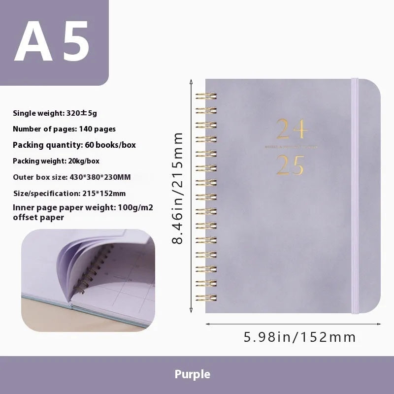 A5 size PU leather notebook with metal coil binding in various colour options showing year-specific cover designs