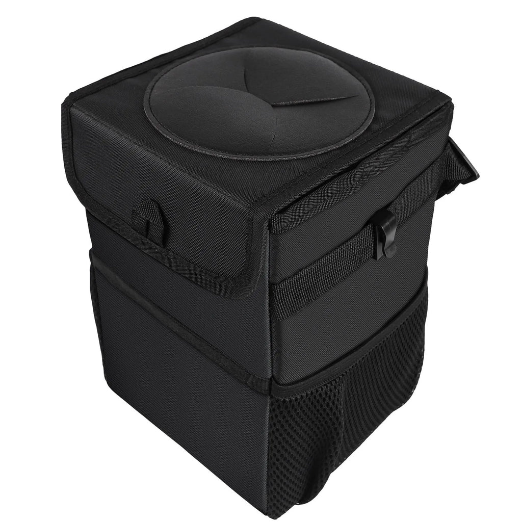 Black Oxford cloth car trash can with hanging strap, mesh pockets, and Velcro lid