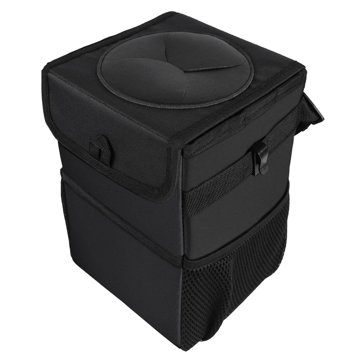 Black Oxford cloth car trash can with hanging strap, mesh pockets, and Velcro lid