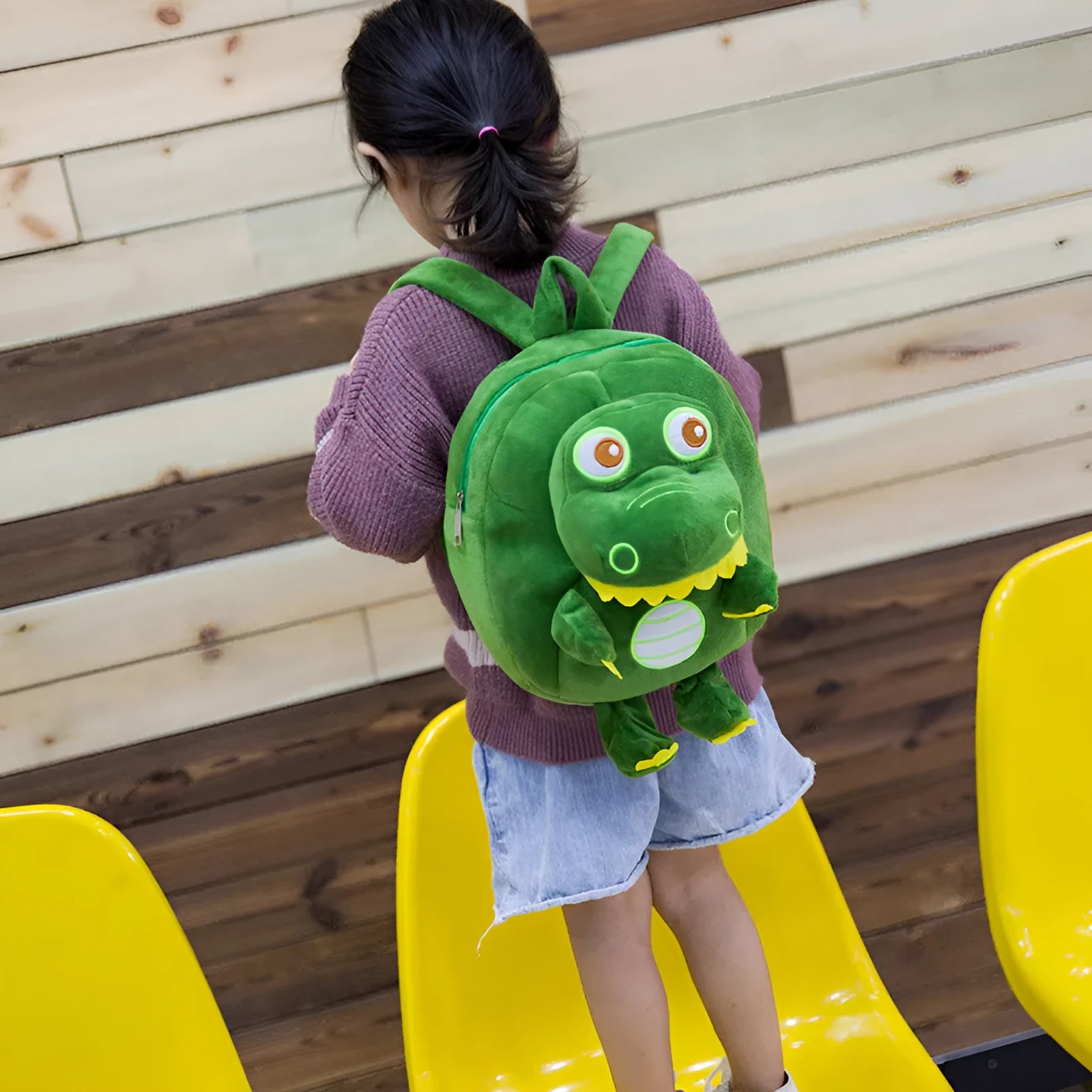 Dinosaur plush backpack with embroidery detail in blue colour with soft handle