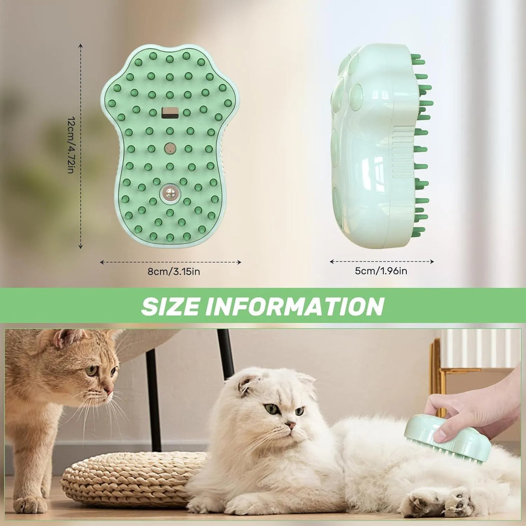 Self-cleaning cat steam brush with silicone head and release button in blue, green or pink
