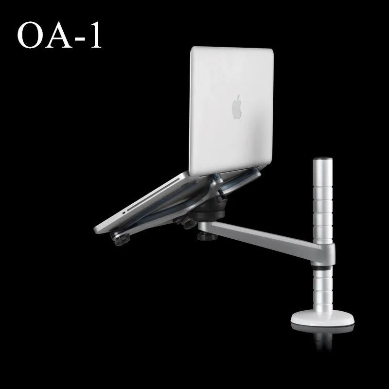 OA-1 aluminium alloy height adjustable computer stand with laptop in place showing 360-degree rotation arm
