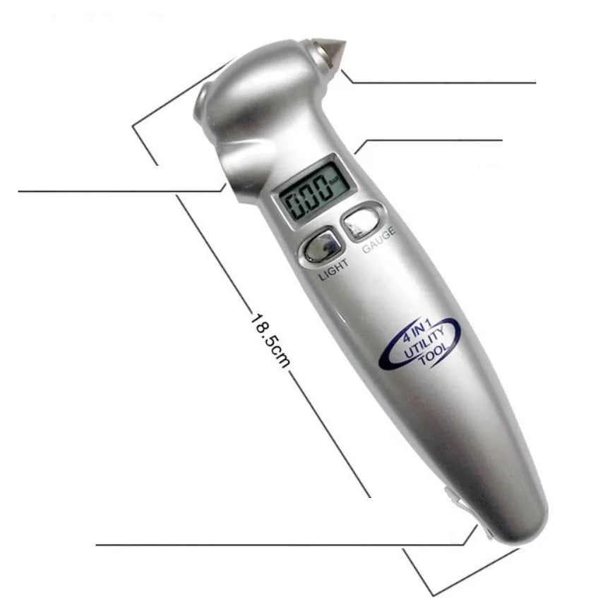Silver four-in-one digital tyre pressure gauge with safety hammer and emergency light on white background