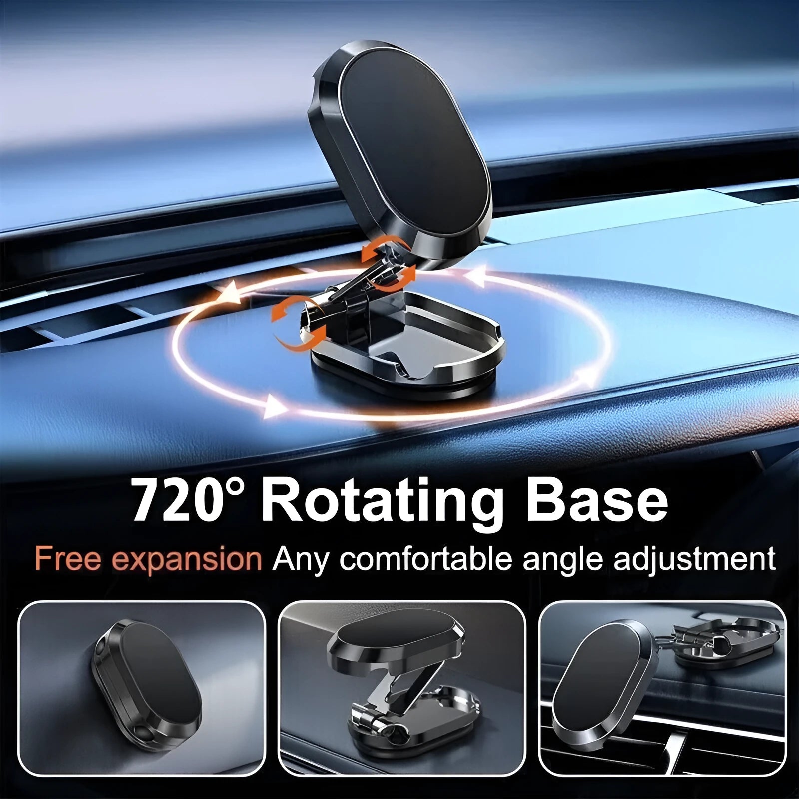 Chrome foldable magnetic car phone holder mounted on a dashboard, showing extended and retracted positions.