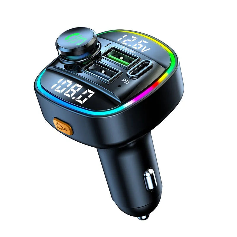 Bluetooth 5.0 FM transmitter with monochrome display and dual USB charging ports