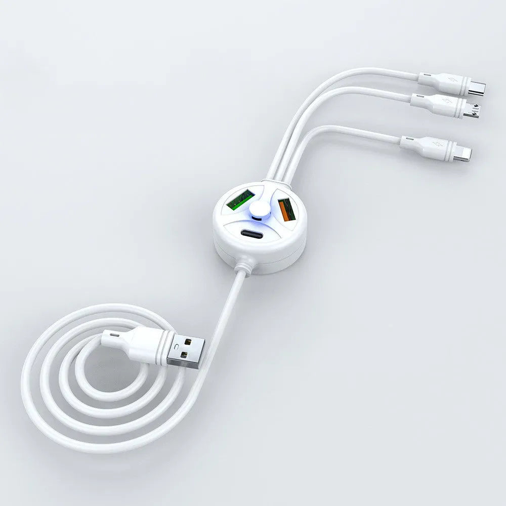 PDPVC mobile phone charging cable with 3U interface showing USB, Mini USB, Micro USB and TYPE-C connections