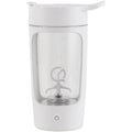 Portable white juice blender cup with 650ml capacity and USB charging port.