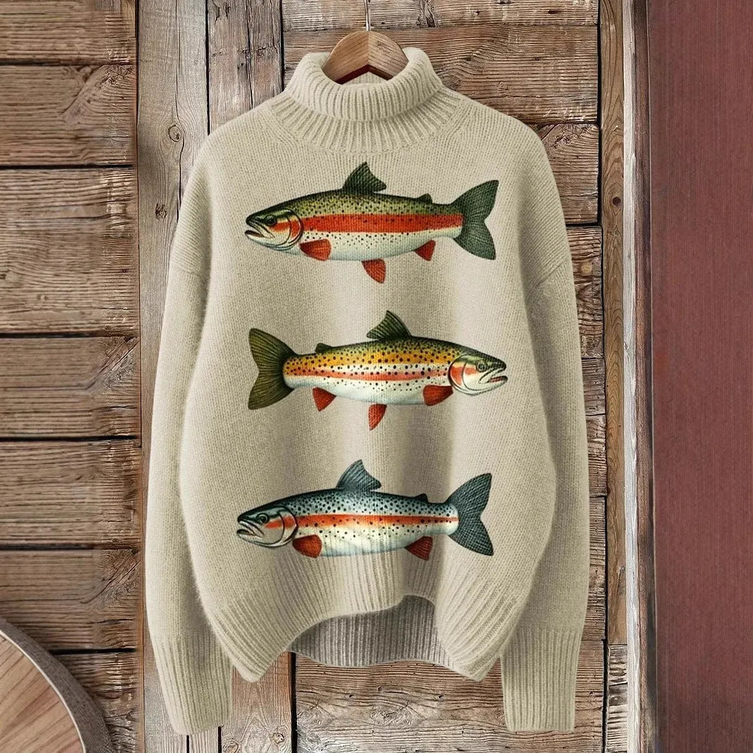 Women's loose-fit Christmas printed turtleneck sweater in macaron colour with painting pattern.