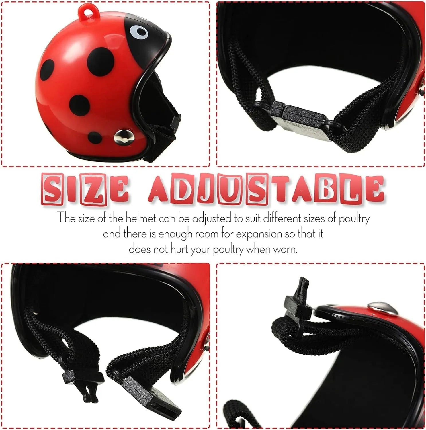 Small adjustable plastic helmet for chickens and birds with elastic bands and sponge lining