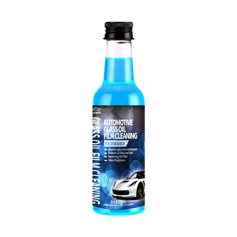 150ml spray bottle of car glass oil film remover cleaner in blue and yellow packaging options.