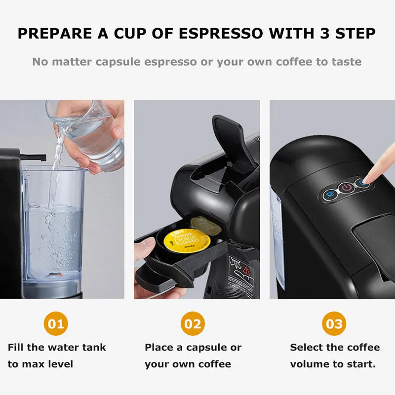 Black semi-automatic capsule coffee machine with 600ml capacity, 1450W heating, ABS body