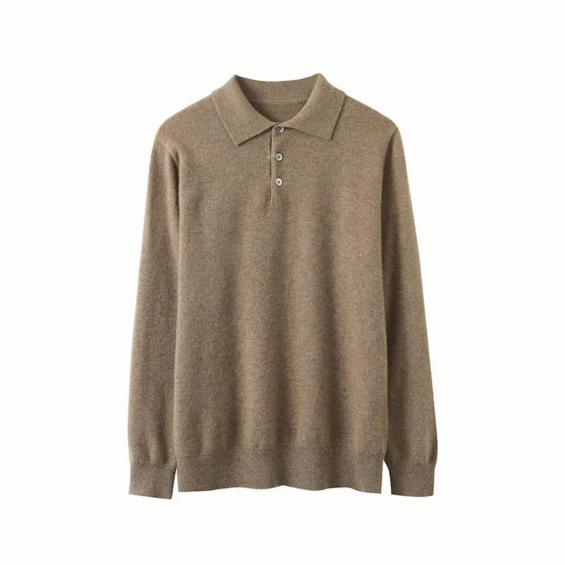 Man wearing a sapphire blue cashmere polo collar pullover sweater with a loose fit