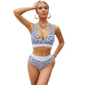 Leopard print cross banded bikini swimsuit with V-neck split design for women