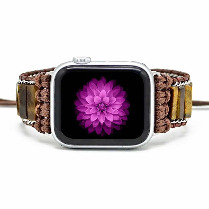 Men's textile watch strap with rectangular tiger eye stone chain, adjustable for 6.5-8.8cm wrists