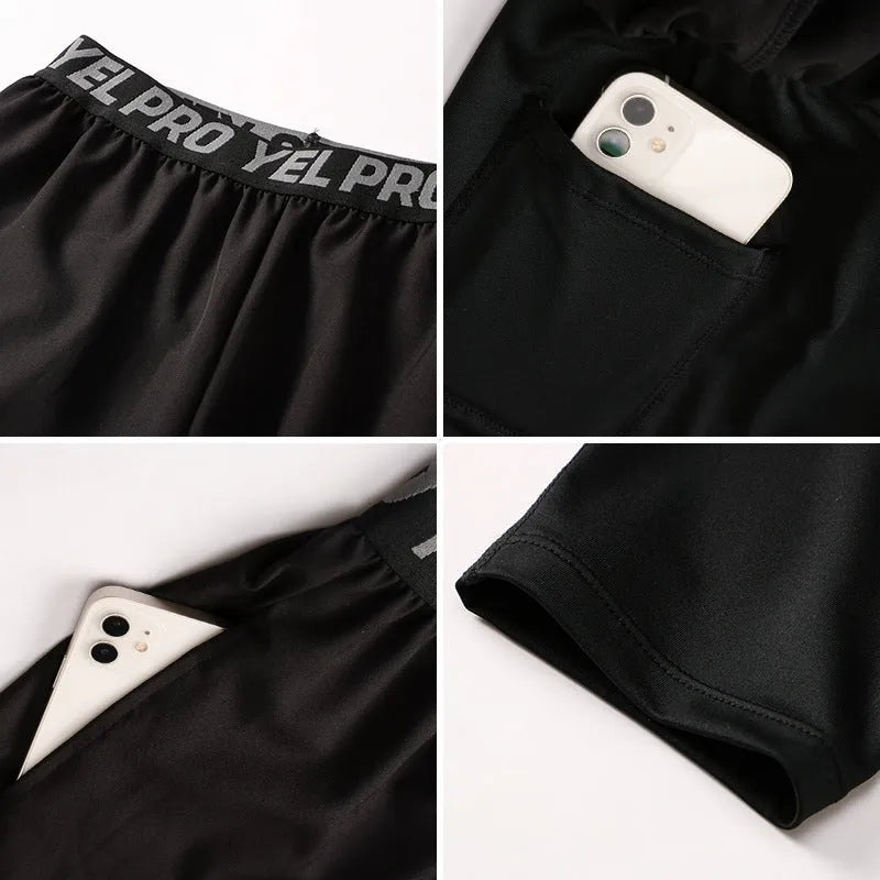 Man wearing grey quick-drying high elastic tight fitness pants for running or gym workout.