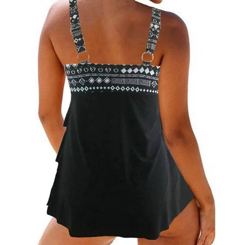 Plus-size female split swimsuit with double-shoulder straps and a bow, in picture colour.