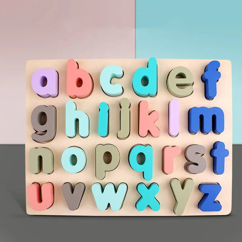 Children's wooden jigsaw puzzle board with macaron-coloured shape and letter pieces, 29.5x22 cm