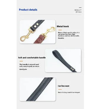 Black PU leather handle dog lead with nylon rope shown at 2.0 metre length