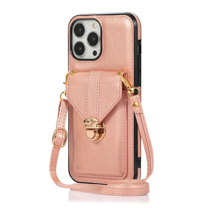Creative Card Leather Diagonal Lanyard New Mobile Phone Case in black with lanyard and card slot