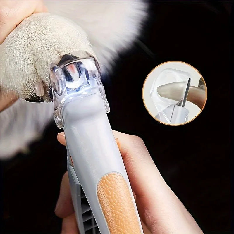 Yellow pet nail trimmer with LED lights, magnifying glass, and steel blades for trimming cat and dog nails