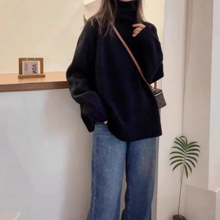 Women's loose turtleneck sweater with thick curling pile collar in red camel grey or black