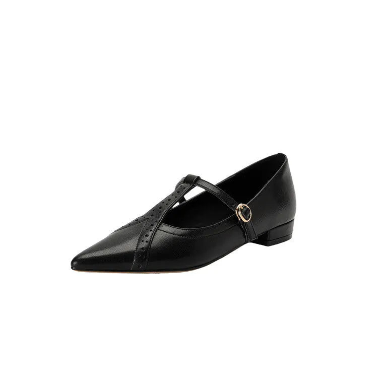Brown women's low-cut flat shoes with rounded toe and a mid heel, made of cowhide leather.