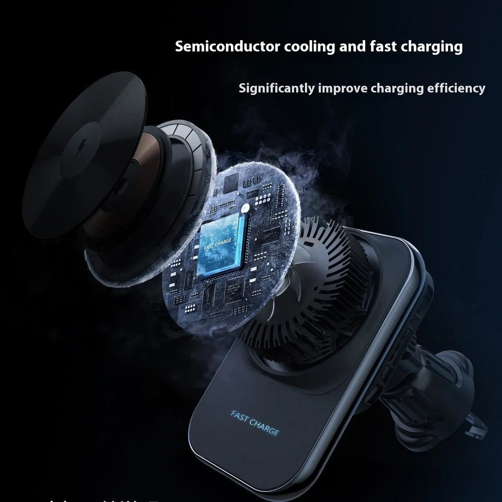 S16 Black Semiconductor Refrigeration Magnetic Car Wireless Charger on air vent mount with electroplated frame and CD lens