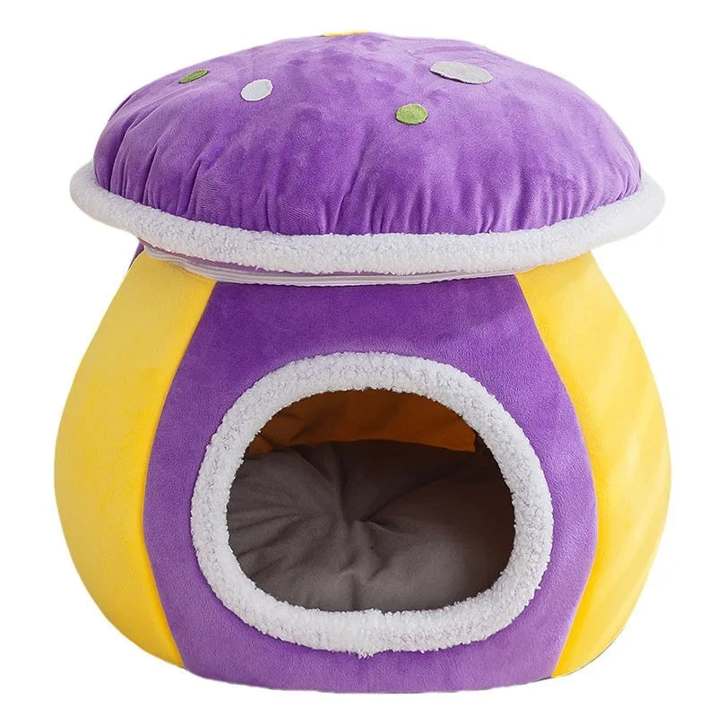 Mushroom cat nest in thermal rabbit plush with detachable cover in grey, pink or purple colours