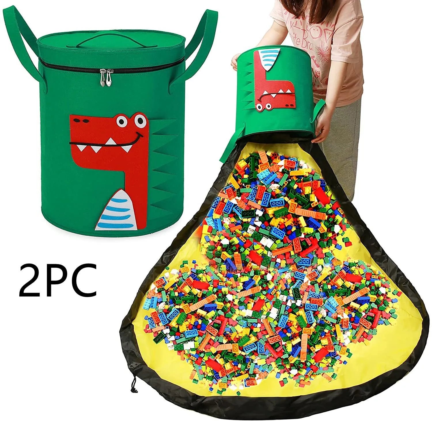 Green felt cube storage bag with pull rope closure opened as play mat