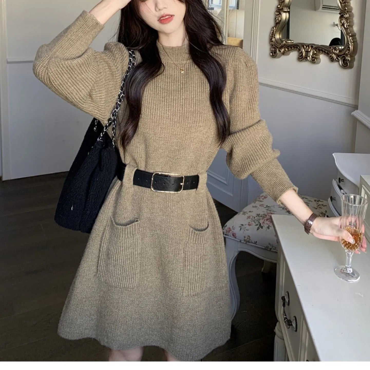 Long sleeve loose knitted base dress in beige with black belt, high-waist design, free size polyester women's dress