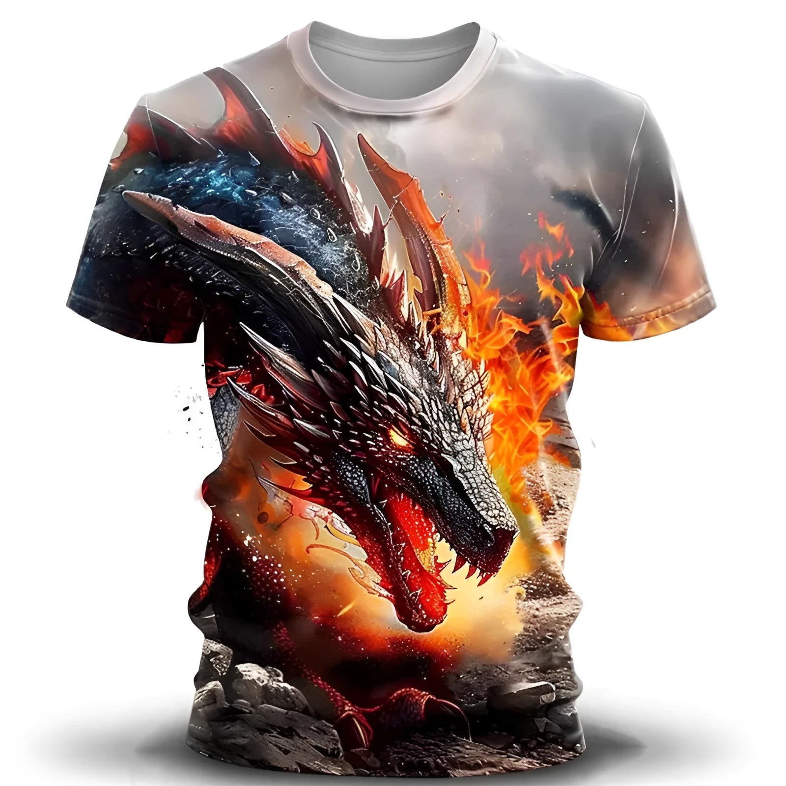 Men's grey short-sleeve T-shirt with a detailed 3D wind dragon graphic print on the front.