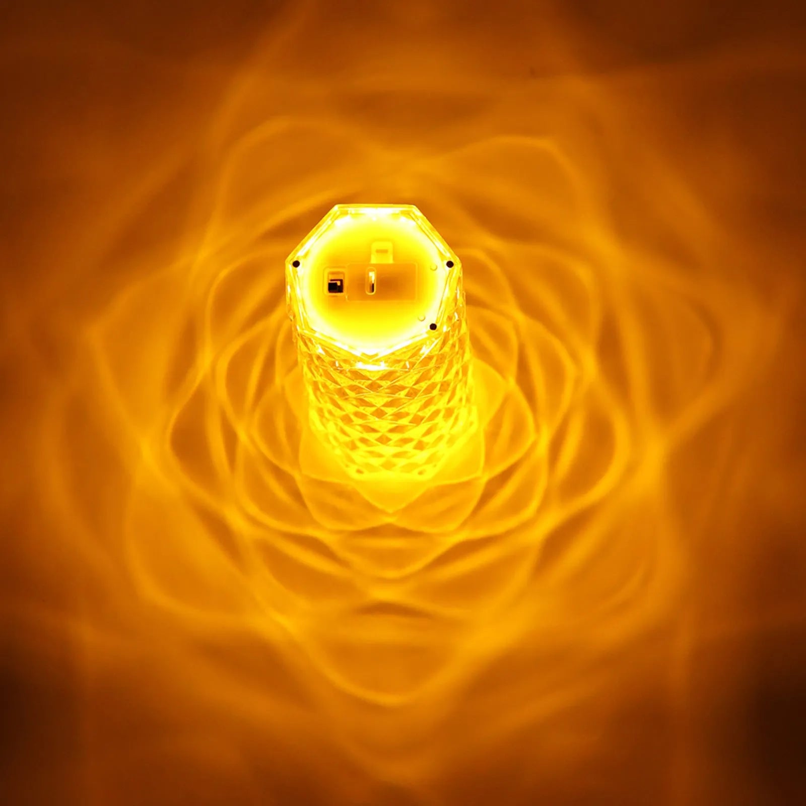 Clear acrylic crystal rose petal table lamp with plastic LED, warm white light, compact 12.2cm size on a desk