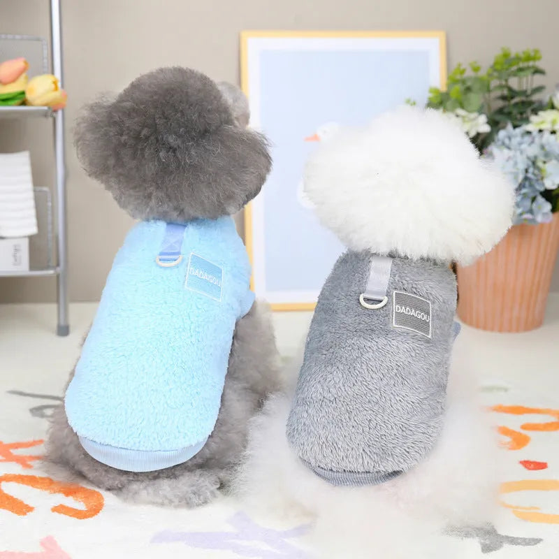 Coral fleece pet jacket with five-colour pull rings in blue for small dog or cat