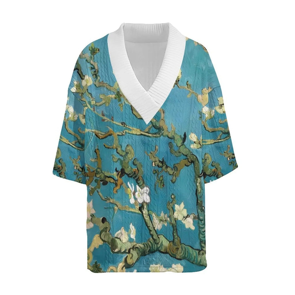 Men's peacock blue 3D printed knitted shorts suit with matching T-shirt, showing fifth-pant length trousers