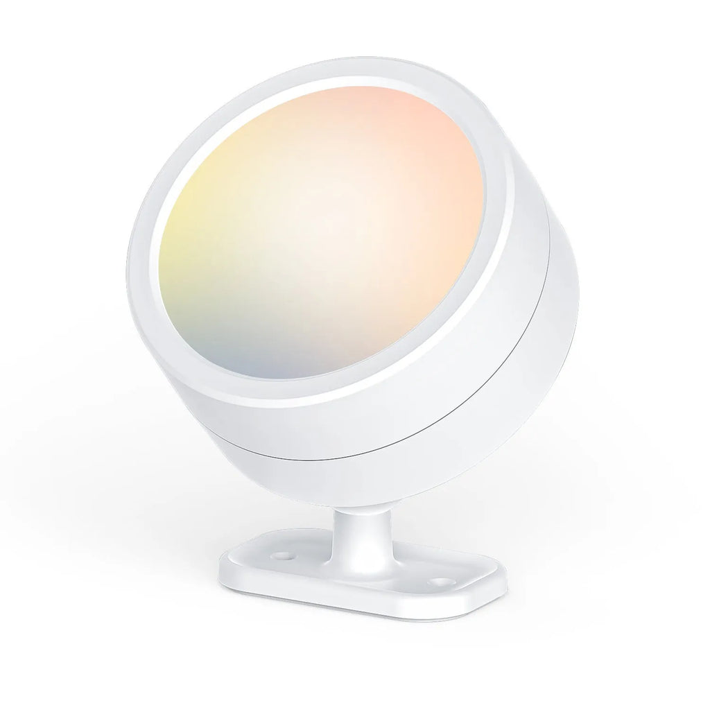 Round rotatable bedside wall lamp with geometric stereo design in white shell against wall showing magnetic mount