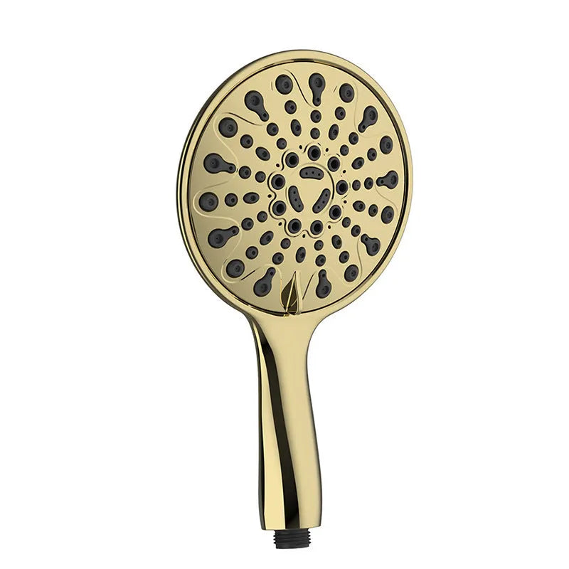 Six-function handheld shower head with 6-inch diameter and electroplated finish showing spray selector