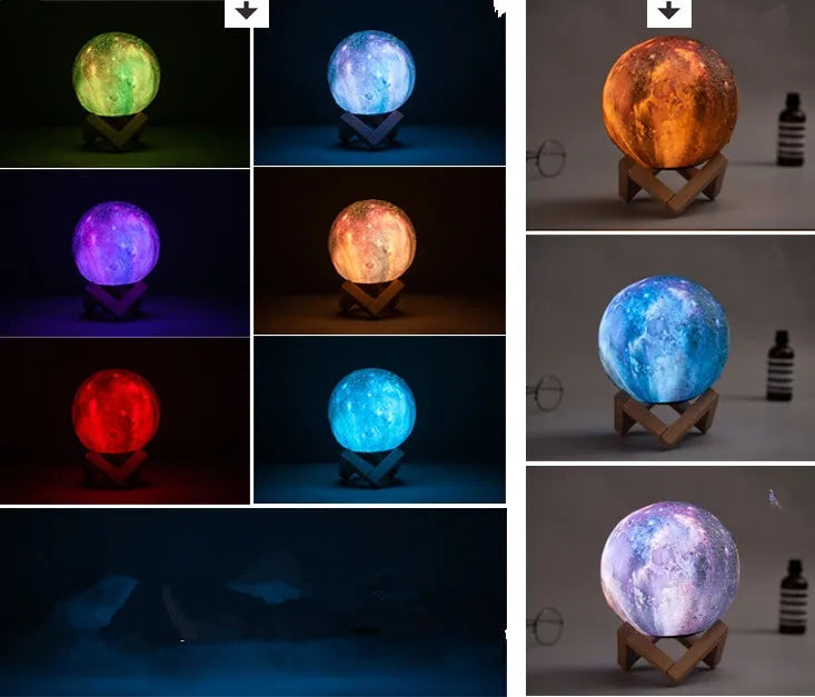 3D printed spherical moon lamp glowing on a surface, showing its textured lunar surface and soft LED light.