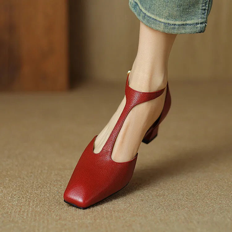 Wine red women's retro square toe buckle heels with a chunky block heel made from sheepskin leather.