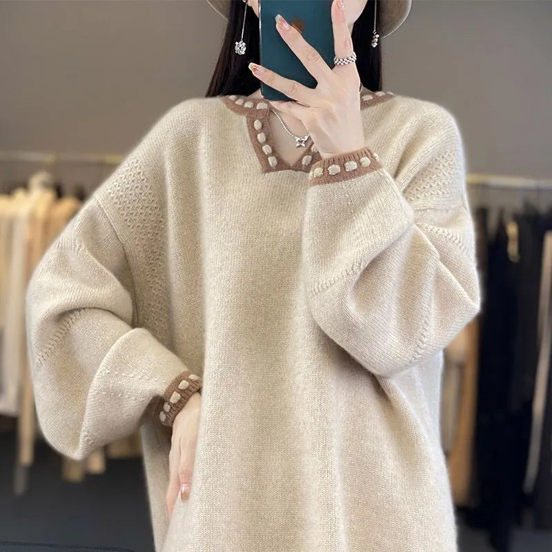 Women's white V-neck pullover sweater with long sleeves made from viscose fibre