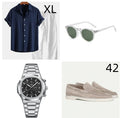 Men's casual beachwear suit in cotton linen blend with short sleeves and trousers, shown with coordinating glasses, shoes and watch