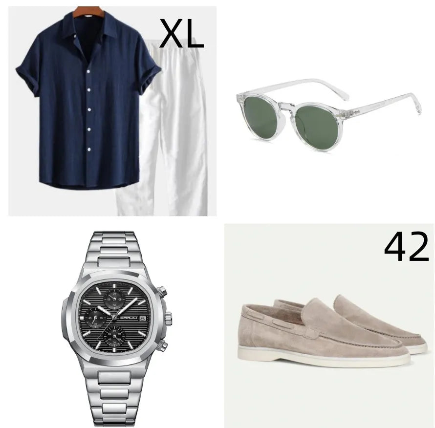 Men's casual beachwear suit in cotton linen blend with short sleeves and trousers, shown with coordinating glasses, shoes and watch