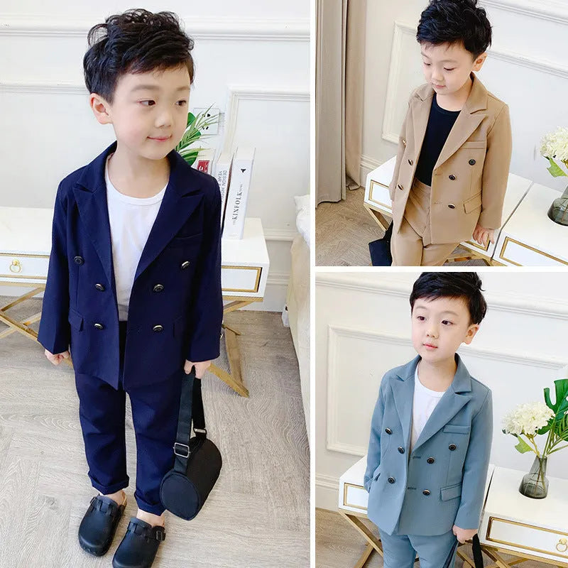 Children boys two-piece suit with long-sleeve shirt and trousers in solid colour cotton blend spring wear