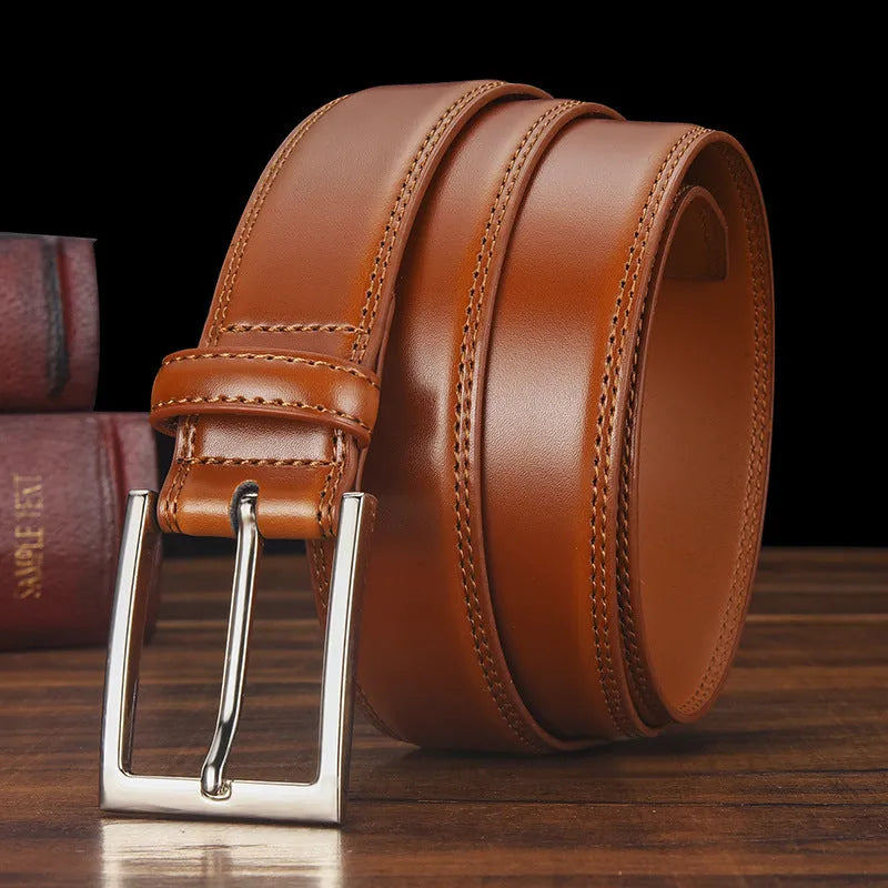 Men's leather belt with pin buckle in genuine cowhide leather showing colour variations